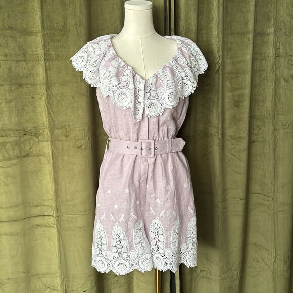 Miguelina 100 % linen crochet lace detailed lavender romper, M - Picture 4 of 16